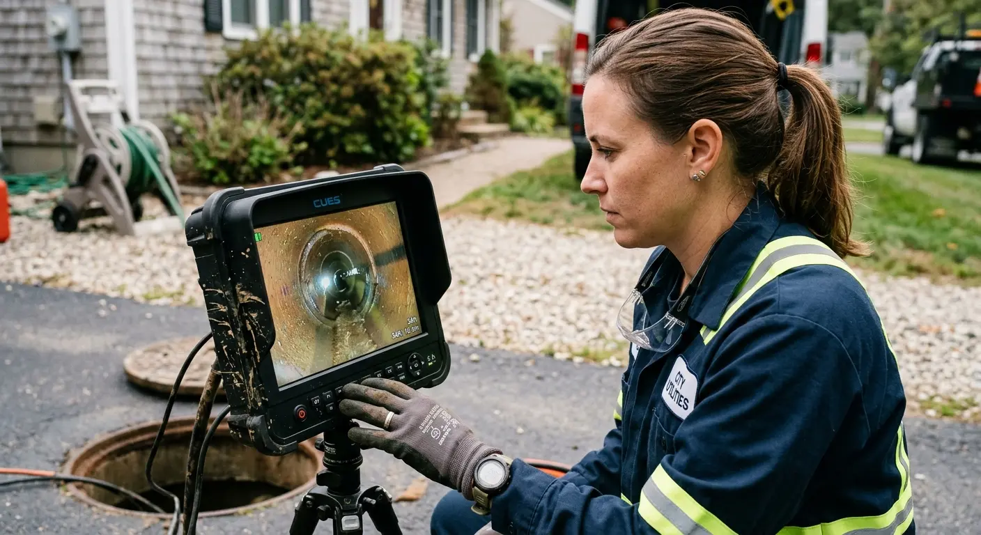 Technician reviewing sewer camera inspection footage in Sidney
