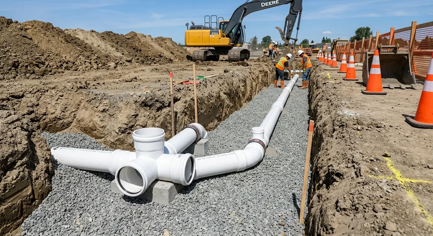 New PVC sewer pipe installation in open trench for Commercial Drain Cleaning in Sidney