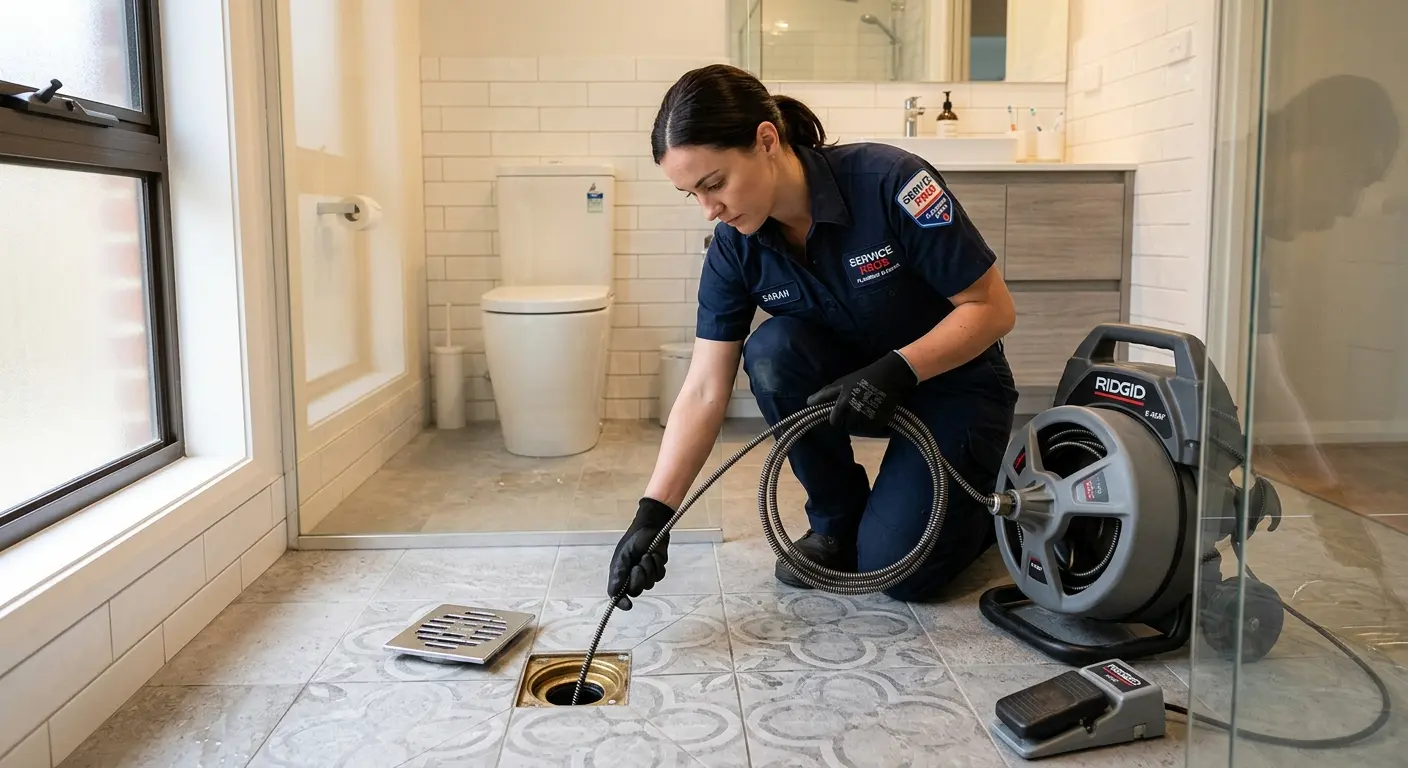 Technician clearing a bathroom floor drain for Sewer Line Replacement in Sidney